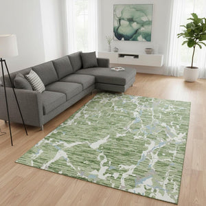 HomeRoots 9' Artichoke Green, Blue & Ivory Striped Washable Area Rug – Durable, UV-Protected & Easy Care Design 682024