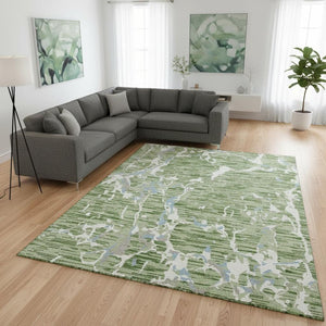 HomeRoots 10' Artichoke Green, Blue & Ivory Striped Washable Area Rug – UV Protected & Stain Resistant Style 682025