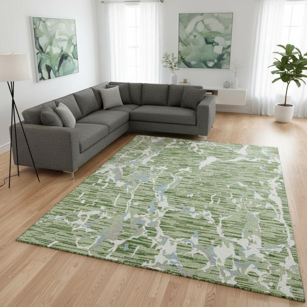 HomeRoots 10' Artichoke Green, Blue & Ivory Striped Washable Area Rug – UV Protected & Stain Resistant Style 682025