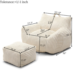 English Elm Giant Plush Bean Bag Chair with Armrests and Footstool for Ultimate Comfort, Durable Corduroy Lounge Sofa Beige W1117P309390