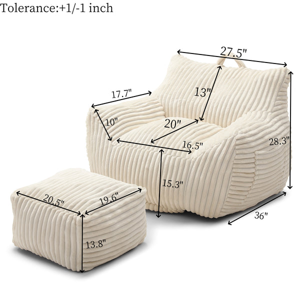 English Elm Giant Plush Bean Bag Chair with Armrests and Footstool for Ultimate Comfort, Durable Corduroy Lounge Sofa Beige W1117P309390