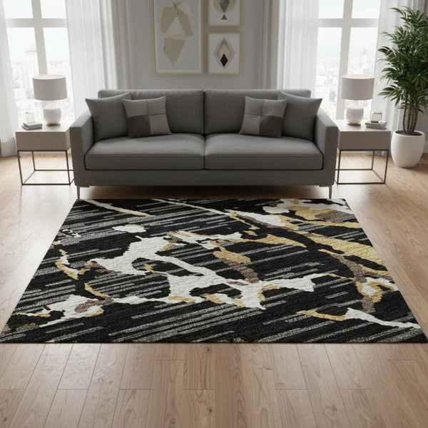HomeRoots 5' X 8' Stylish Black Ivory Gold Striped Area Rug - Washable, UV Protected, Durable & Versatile! 682027