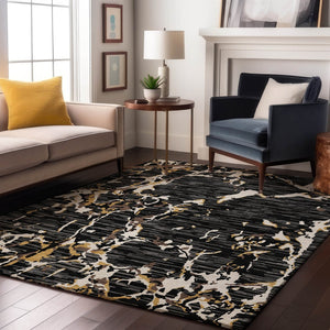 HomeRoots 5' X 8' Stylish Black Ivory Gold Striped Area Rug - Washable, UV Protected, Durable & Versatile! 682027