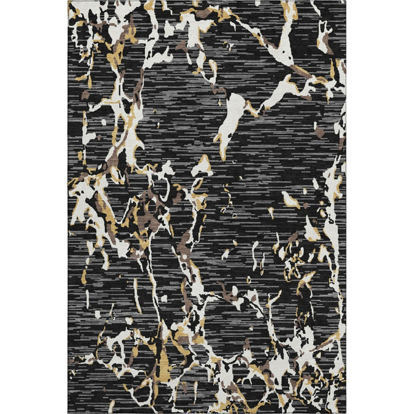 HomeRoots 5' X 8' Stylish Black Ivory Gold Striped Area Rug - Washable, UV Protected, Durable & Versatile! 682027