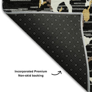 HomeRoots 5' X 8' Stylish Black Ivory Gold Striped Area Rug - Washable, UV Protected, Durable & Versatile! 682027