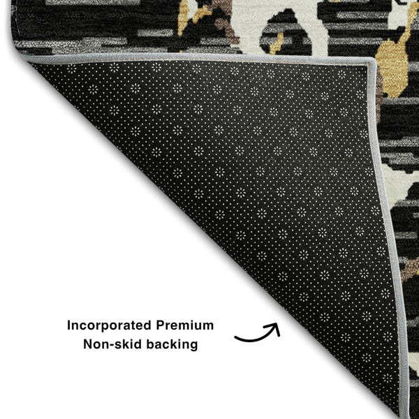 HomeRoots 5' X 8' Stylish Black Ivory Gold Striped Area Rug - Washable, UV Protected, Durable & Versatile! 682027