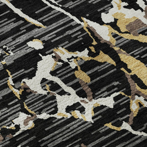 HomeRoots 5' X 8' Stylish Black Ivory Gold Striped Area Rug - Washable, UV Protected, Durable & Versatile! 682027