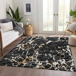 HomeRoots 5' X 8' Stylish Black Ivory Gold Striped Area Rug - Washable, UV Protected, Durable & Versatile! 682027