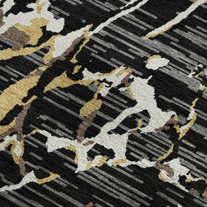 HomeRoots 5' X 8' Stylish Black Ivory Gold Striped Area Rug - Washable, UV Protected, Durable & Versatile! 682027