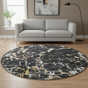 HomeRoots 8' Black Ivory and Gold Striped Washable Round Rug - Stylish, Durable, UV-Protected for Homes with Kids 682028