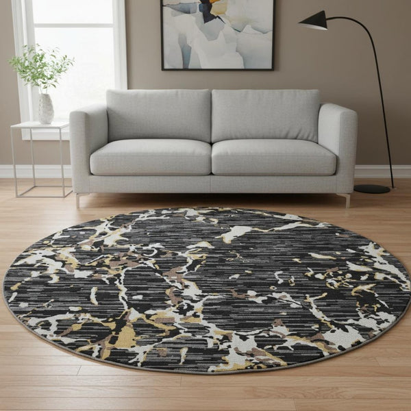 HomeRoots 8' Black Ivory and Gold Striped Washable Round Rug - Stylish, Durable, UV-Protected for Homes with Kids 682028