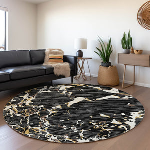 HomeRoots 8' Black Ivory and Gold Striped Washable Round Rug - Stylish, Durable, UV-Protected for Homes with Kids 682028