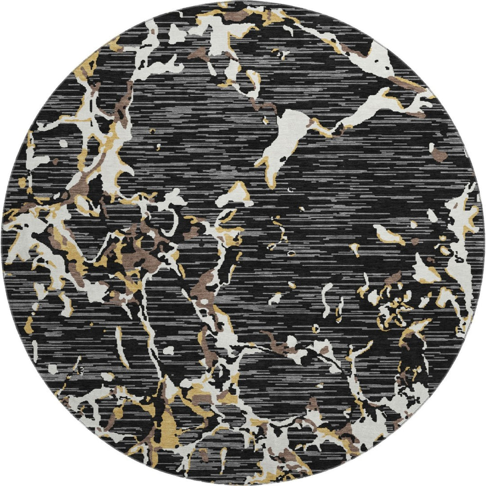 HomeRoots 8' Black Ivory and Gold Striped Washable Round Rug - Stylish, Durable, UV-Protected for Homes with Kids 682028