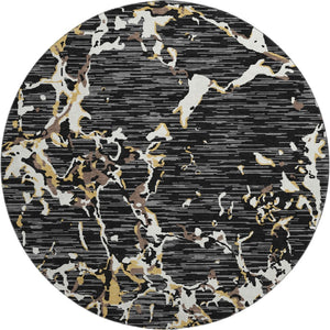 HomeRoots 8' Black Ivory and Gold Striped Washable Round Rug - Stylish, Durable, UV-Protected for Homes with Kids 682028