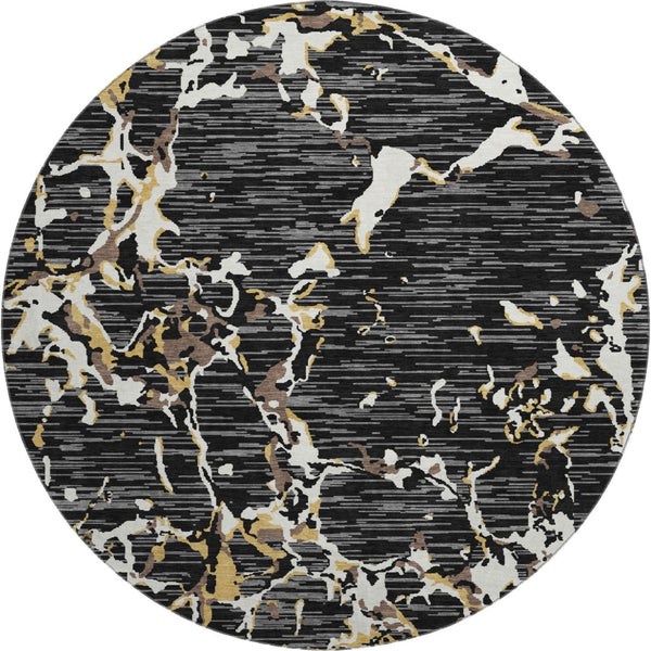 HomeRoots 8' Black Ivory and Gold Striped Washable Round Rug - Stylish, Durable, UV-Protected for Homes with Kids 682028