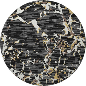 HomeRoots 8' Black Ivory and Gold Striped Washable Round Rug - Stylish, Durable, UV-Protected for Homes with Kids 682028