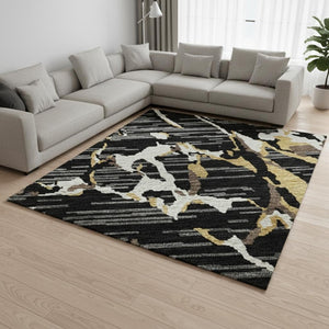 HomeRoots 8' X 10' Striped Washable Area Rug in Black, Ivory & Gold - UV Protected, Stain Resistant, Versatile Design 682029