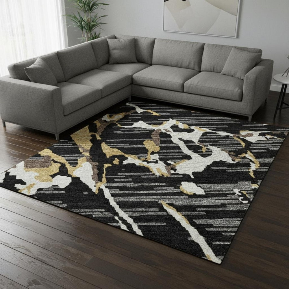 HomeRoots 9' X 12' Striking Black, Ivory & Gold Striped Washable Area Rug with UV Protection & Durability 682030