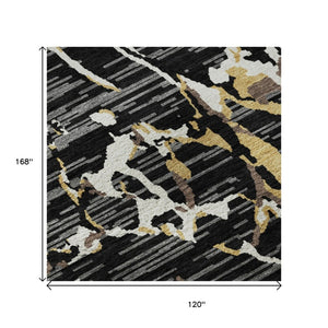 HomeRoots 10' X 14' Black Ivory Gold Striped Area Rug - Washable, UV Protected, Perfect for High-Traffic Spaces! 682031