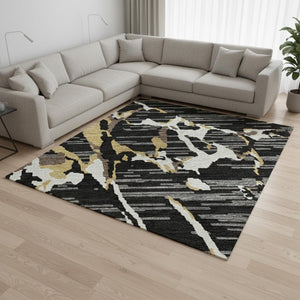 HomeRoots 10' X 14' Black Ivory Gold Striped Area Rug - Washable, UV Protected, Perfect for High-Traffic Spaces! 682031