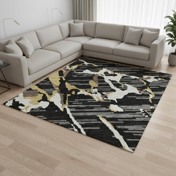 HomeRoots 10' X 14' Black Ivory Gold Striped Area Rug - Washable, UV Protected, Perfect for High-Traffic Spaces! 682031