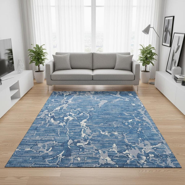HomeRoots 5' X 8' Washable Striped Area Rug in Blue, Ivory & Gray - UV Protected, Durable & Easy Care Design 682033