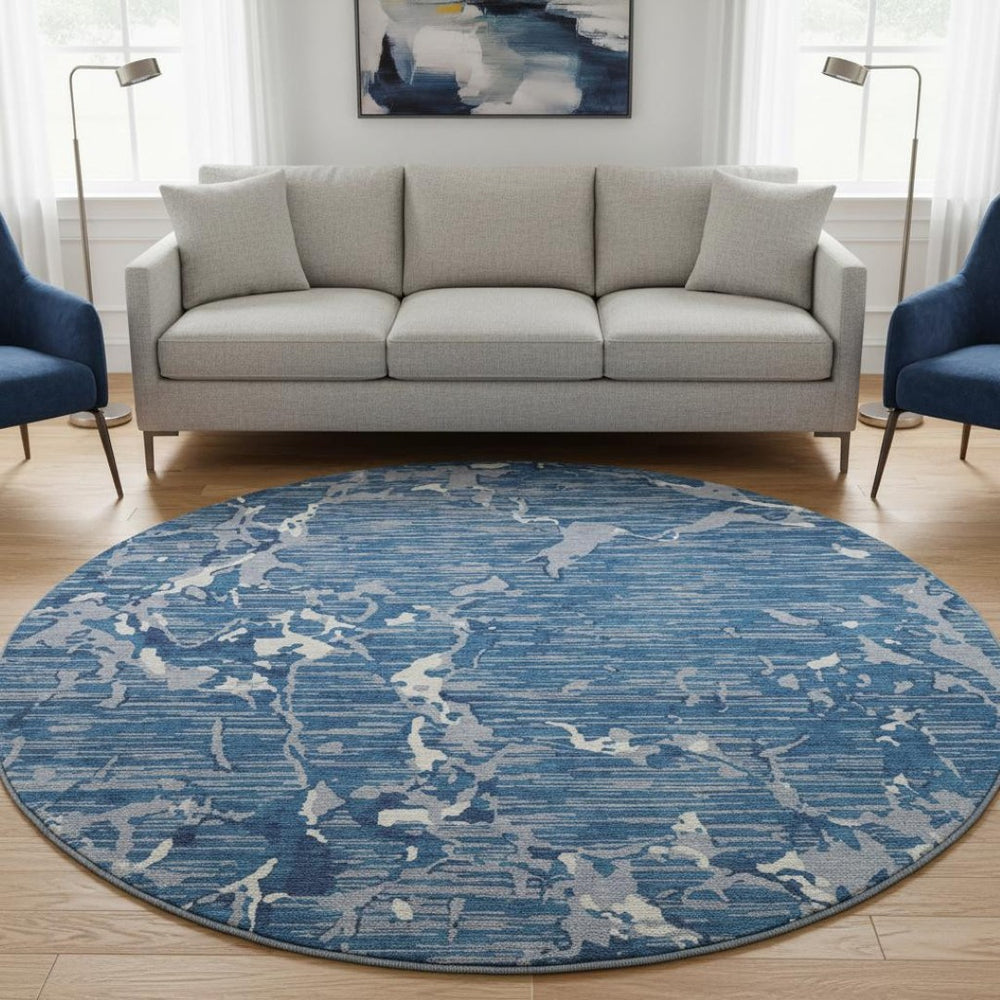 HomeRoots 8' Blue Ivory and Gray Striped Round Rug - Washable, UV Protected, Durable, Stain-Resistant Design 682034