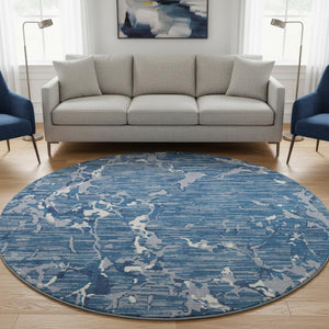 HomeRoots 8' Blue Ivory and Gray Striped Round Rug - Washable, UV Protected, Durable, Stain-Resistant Design 682034