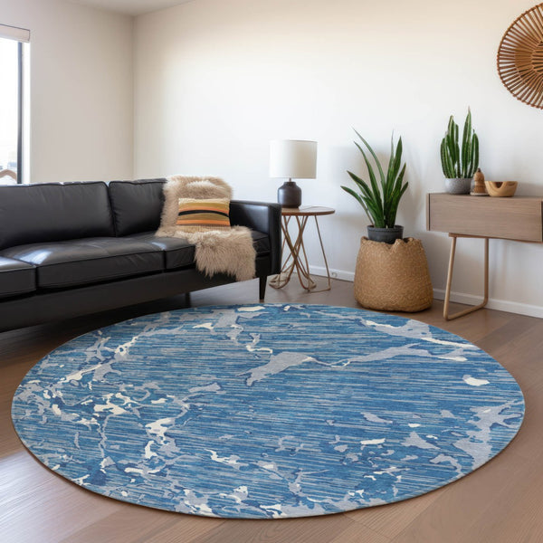 HomeRoots 8' Blue Ivory and Gray Striped Round Rug - Washable, UV Protected, Durable, Stain-Resistant Design 682034