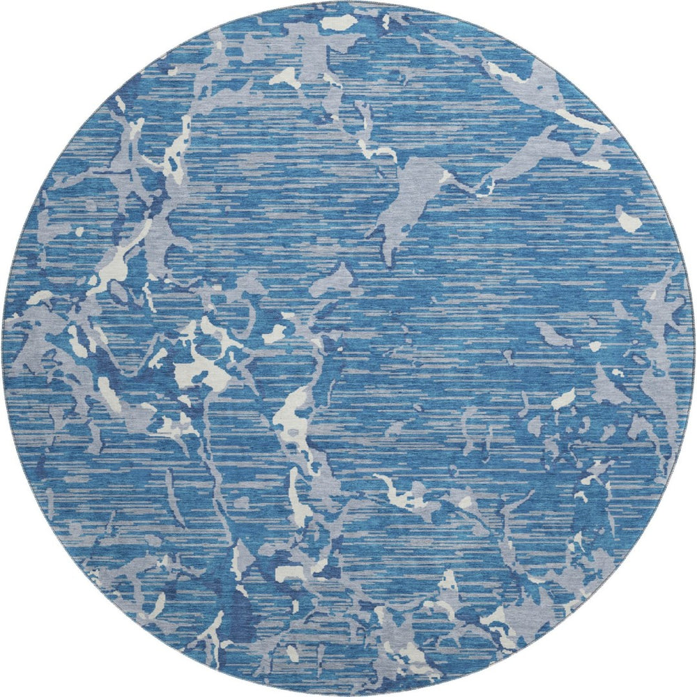 HomeRoots 8' Blue Ivory and Gray Striped Round Rug - Washable, UV Protected, Durable, Stain-Resistant Design 682034