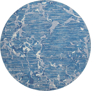 HomeRoots 8' Blue Ivory and Gray Striped Round Rug - Washable, UV Protected, Durable, Stain-Resistant Design 682034