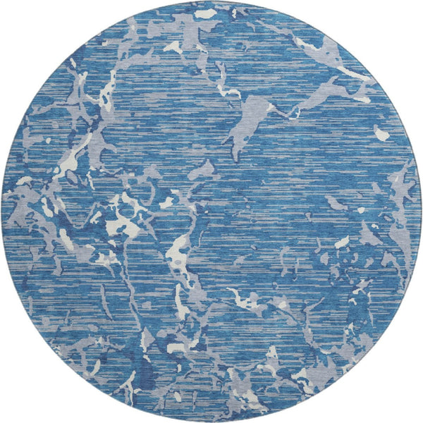HomeRoots 8' Blue Ivory and Gray Striped Round Rug - Washable, UV Protected, Durable, Stain-Resistant Design 682034