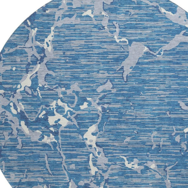 HomeRoots 8' Blue Ivory and Gray Striped Round Rug - Washable, UV Protected, Durable, Stain-Resistant Design 682034