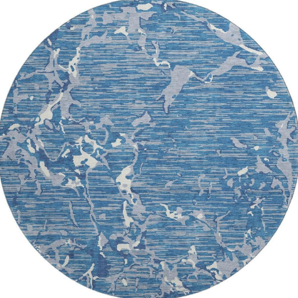 HomeRoots 8' Blue Ivory and Gray Striped Round Rug - Washable, UV Protected, Durable, Stain-Resistant Design 682034