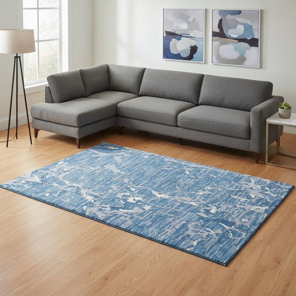 HomeRoots 8' x 10' Stylish Blue Ivory Gray Striped Area Rug - Washable, UV Protected, Perfect for High-Traffic Spaces! 682035