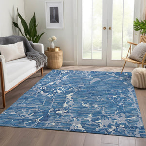 HomeRoots 8' x 10' Stylish Blue Ivory Gray Striped Area Rug - Washable, UV Protected, Perfect for High-Traffic Spaces! 682035