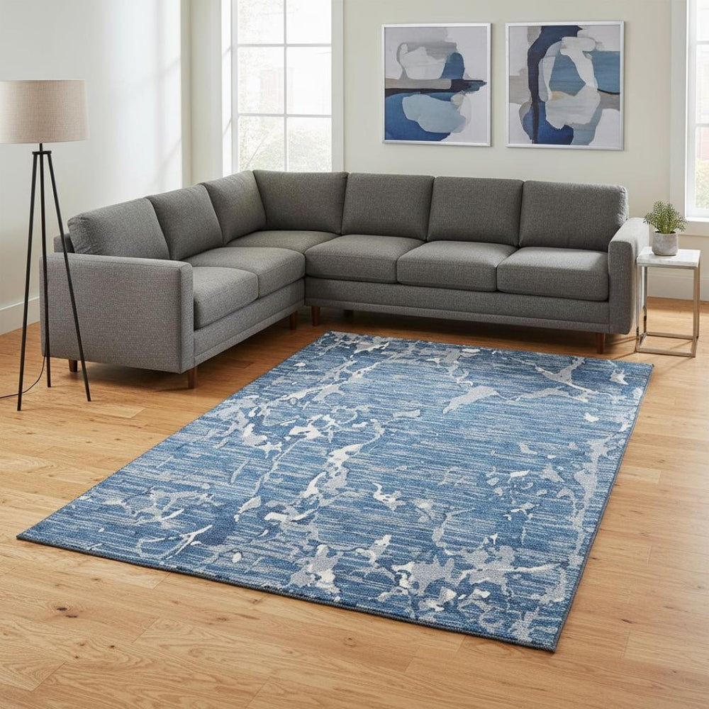 HomeRoots 9' X 12' Striped Area Rug in Blue, Ivory & Gray - Washable, UV-Protected, Stain-Resistant Design 682036