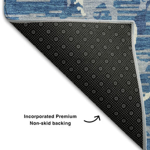 HomeRoots 9' X 12' Striped Area Rug in Blue, Ivory & Gray - Washable, UV-Protected, Stain-Resistant Design 682036