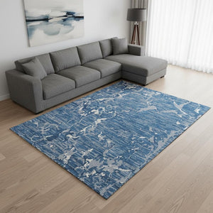 HomeRoots 10' X 14' Blue Ivory And Gray Striped Area Rug - Durable, UV-Protected, Washable for Busy Homes 682037