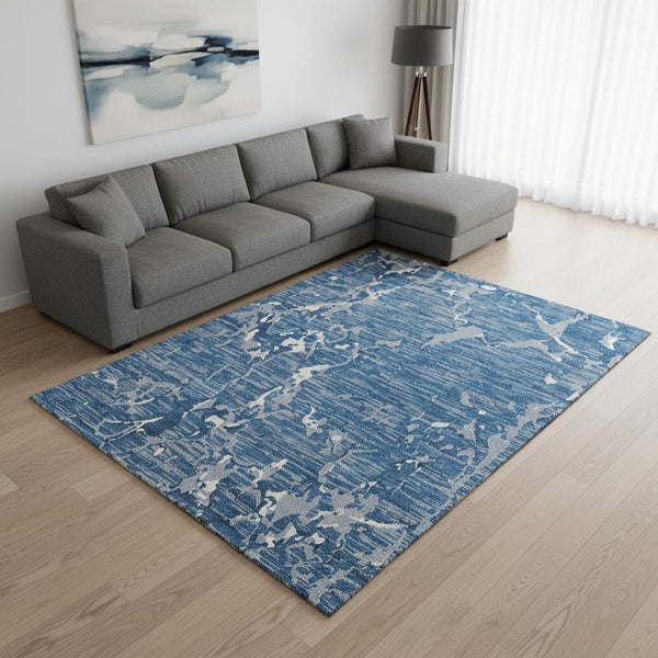 HomeRoots 10' X 14' Blue Ivory And Gray Striped Area Rug - Durable, UV-Protected, Washable for Busy Homes 682037