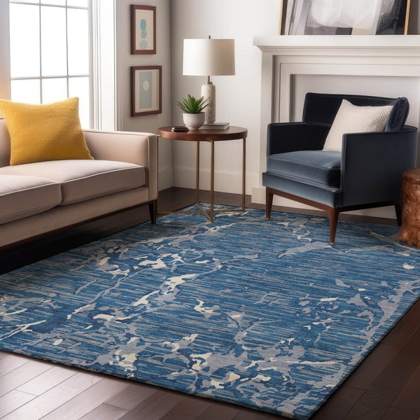 HomeRoots 10' X 14' Blue Ivory And Gray Striped Area Rug - Durable, UV-Protected, Washable for Busy Homes 682037