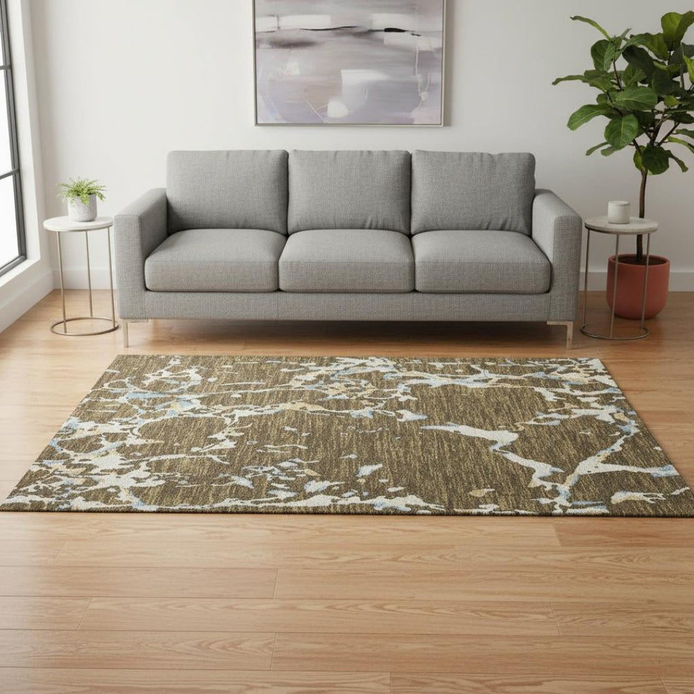 HomeRoots 5' x 8' Stylish Coffee, Ivory & Blue Striped Washable Area Rug with UV Protection for Busy Homes 682039
