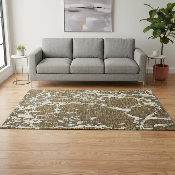 HomeRoots 5' x 8' Stylish Coffee, Ivory & Blue Striped Washable Area Rug with UV Protection for Busy Homes 682039