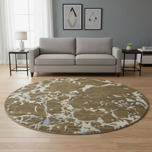 HomeRoots 8' Coffee Ivory and Blue Striped Round Rug - Washable, UV-Protected, Durable & Stylish Decor Piece 682040