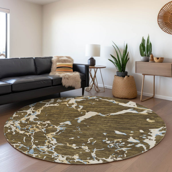 HomeRoots 8' Coffee Ivory and Blue Striped Round Rug - Washable, UV-Protected, Durable & Stylish Decor Piece 682040