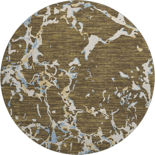 HomeRoots 8' Coffee Ivory and Blue Striped Round Rug - Washable, UV-Protected, Durable & Stylish Decor Piece 682040