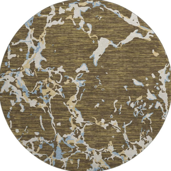 HomeRoots 8' Coffee Ivory and Blue Striped Round Rug - Washable, UV-Protected, Durable & Stylish Decor Piece 682040