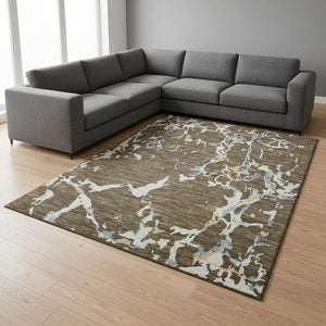 HomeRoots 8' X 10' Coffee Ivory Blue Striped Area Rug - Durable, Washable, UV Protected for Active Homes 682041