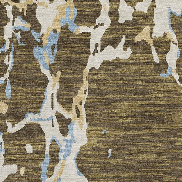 HomeRoots 8' X 10' Coffee Ivory Blue Striped Area Rug - Durable, Washable, UV Protected for Active Homes 682041