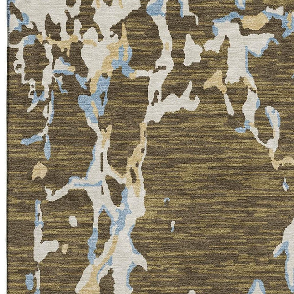 HomeRoots 8' X 10' Coffee Ivory Blue Striped Area Rug - Durable, Washable, UV Protected for Active Homes 682041